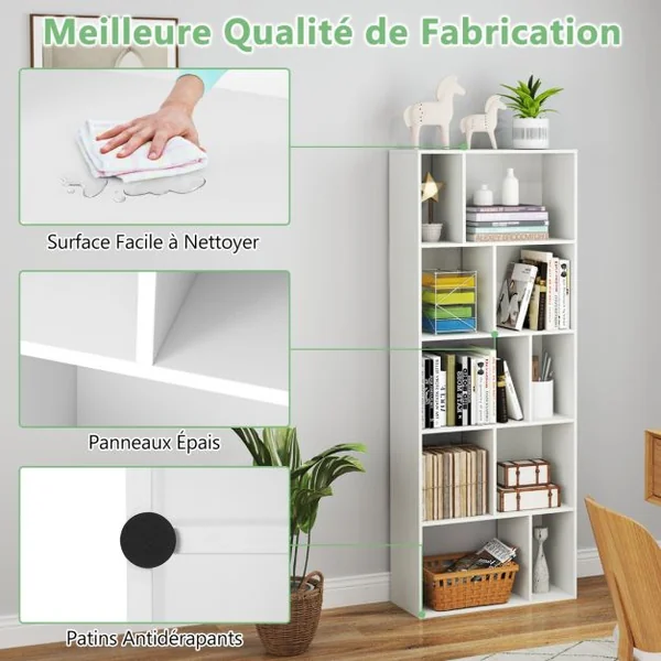 Bibliothèque à 5 Niveaux Etagère de Rangement en Bois avec 10 Compartiments Séparateur de Pièce au Sol Blanc