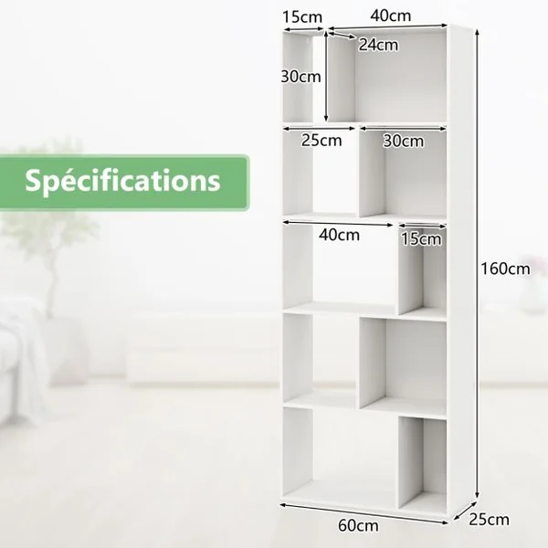 Bibliothèque à 5 Niveaux Etagère de Rangement en Bois avec 10 Compartiments Séparateur de Pièce au Sol Blanc
