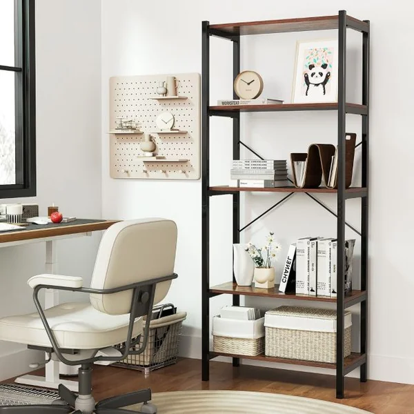 Bibliothèque à 5 Niveaux Hauteur 161 CM Étagère Autoportante avec Cadre en Métal et Doubles Kits Anti-Basculement Brun Rustique & Noir