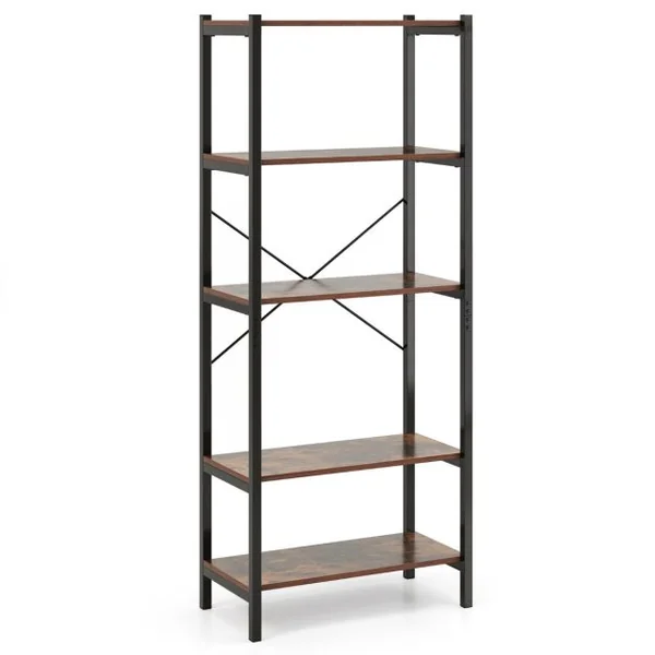 Bibliothèque à 5 Niveaux Hauteur 161 CM Étagère Autoportante avec Cadre en Métal et Doubles Kits Anti-Basculement Brun Rustique & Noir