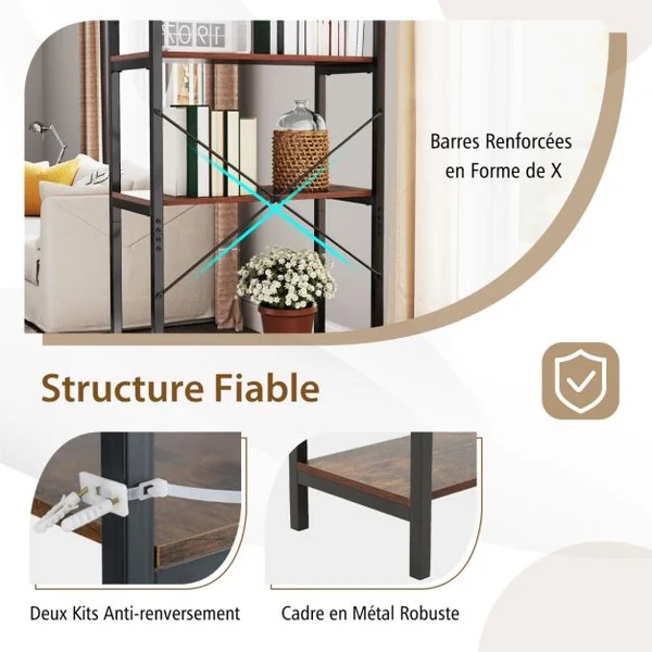 Bibliothèque à 5 Niveaux Hauteur 161 CM Étagère Autoportante avec Cadre en Métal et Doubles Kits Anti-Basculement Brun Rustique & Noir