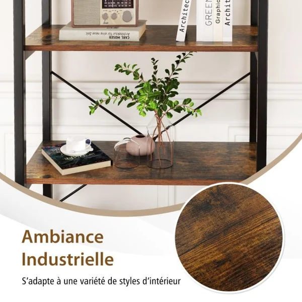 Bibliothèque à 5 Niveaux Hauteur 161 CM Étagère Autoportante avec Cadre en Métal et Doubles Kits Anti-Basculement Brun Rustique & Noir