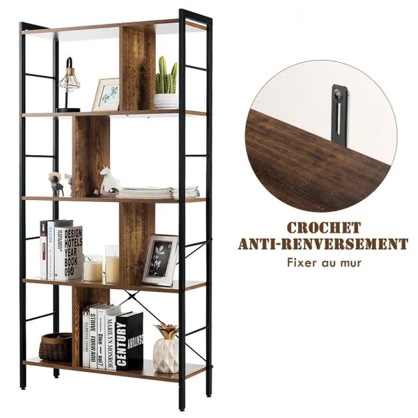 Bibliothèque à 5 Niveaux Style Industriel Etagère de Rangement Moderne Capacité 100 Kg en Acier 74x30x155cm Brun
