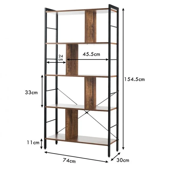 Bibliothèque à 5 Niveaux Style Industriel Etagère de Rangement Moderne Capacité 100 Kg en Acier 74x30x155cm Brun