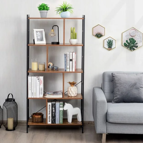 Bibliothèque à 5 Niveaux Style Industriel Etagère de Rangement Moderne Capacité 100 Kg en Acier 74x30x155cm Brun