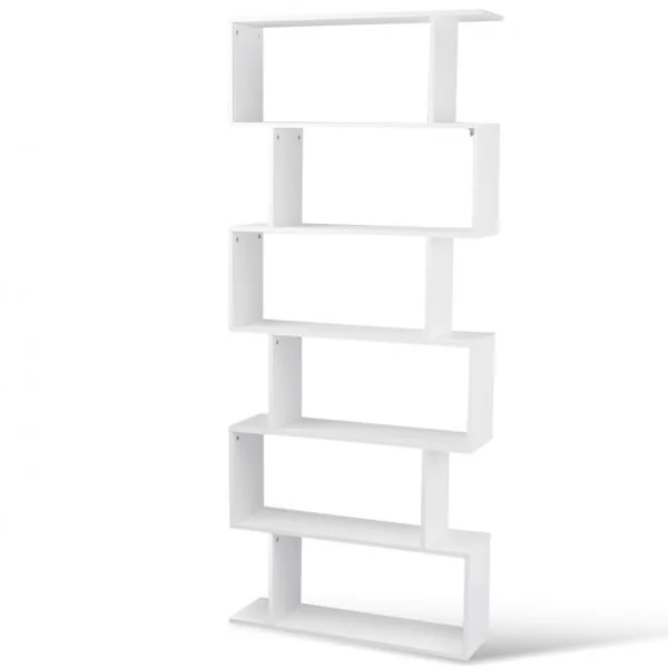 Bibliothèque à 6 Niveaux Étagère de Rangement pour Livres Décorations Moderne en Forme de S, 80x23x192cm, Blanc