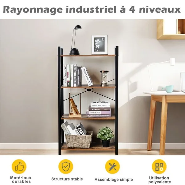 Bibliothèque Étagère de Rangement à 4 Niveaux 66x30x120cm Marron Rustique