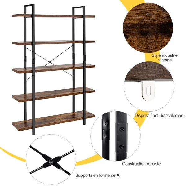 Bibliothèque Étagère de Rangement à 5 Niveaux 120 x 28 x 178 cm Marron Rustique