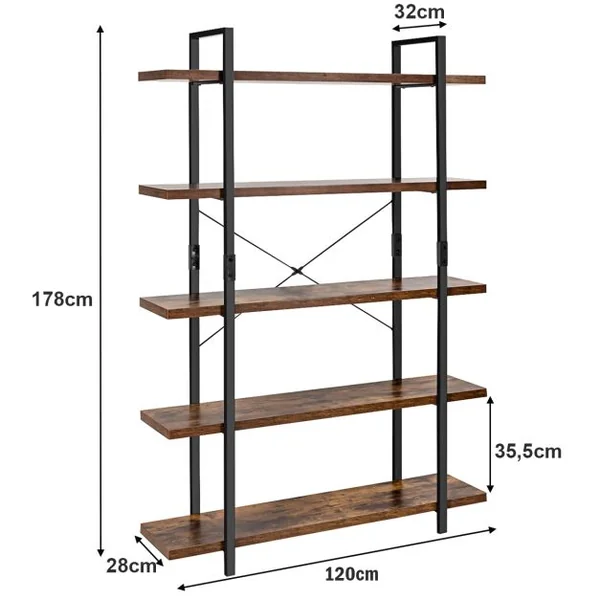 Bibliothèque Étagère de Rangement à 5 Niveaux 120 x 28 x 178 cm Marron Rustique