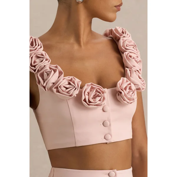 Blade | Top court rose poudré à encolure ronde avec détails floraux