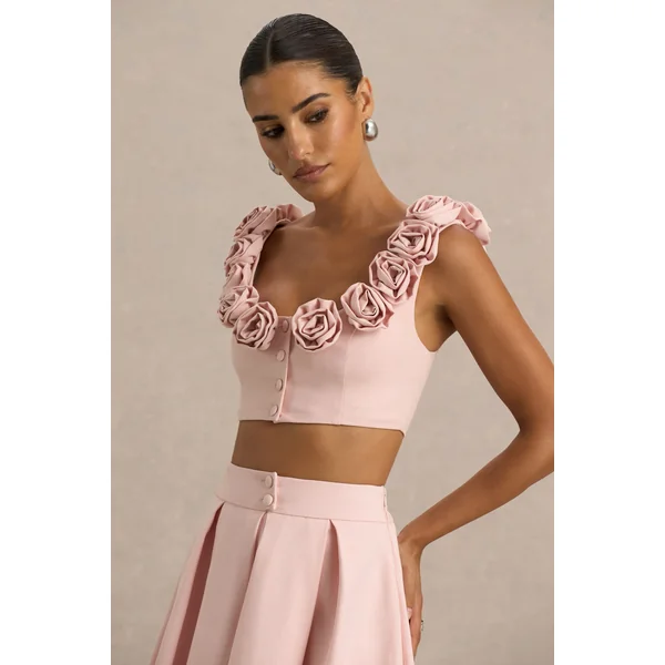 Blade | Top court rose poudré à encolure ronde avec détails floraux