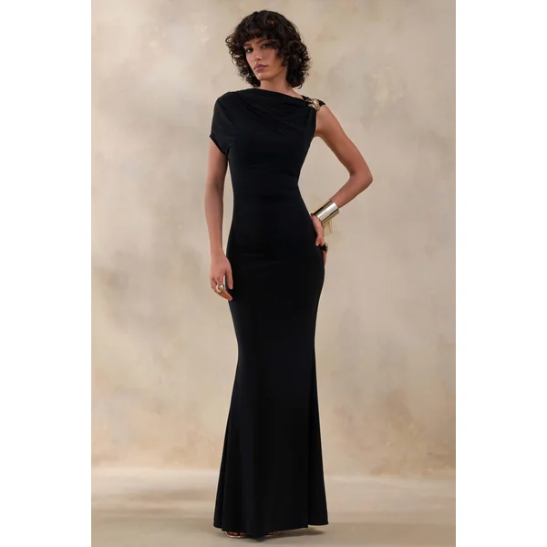 Blaire | Robe longue noire à encolure asymétrique avec détails dorés