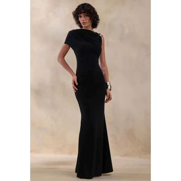 Blaire | Robe longue noire à encolure asymétrique avec détails dorés
