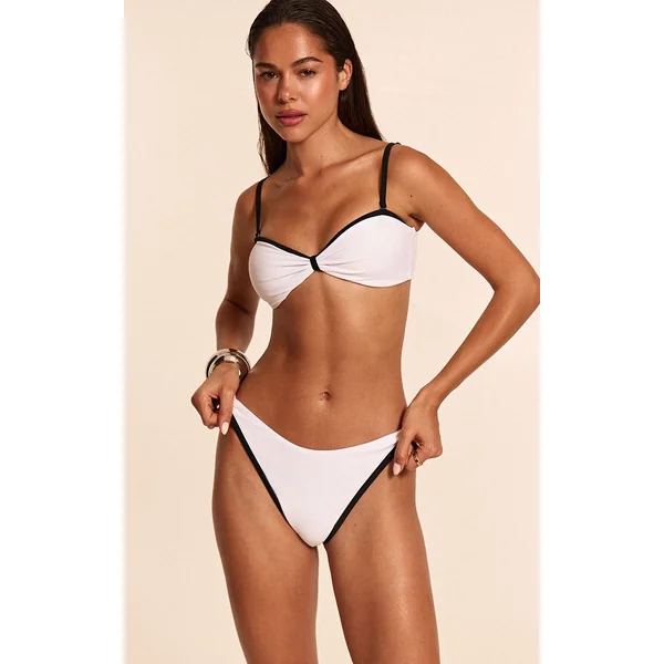 Blanc Bas De Bikini Scrunch À Liseré Contrasté