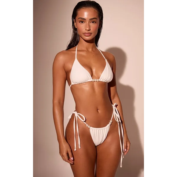Blanc Bas De Bikini À Nouer Sur Les Côtés Avec Ornement De Perles