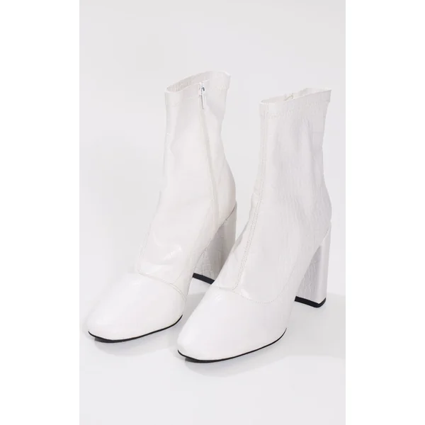 Blanc Bottines Chaussettes À Talon Bout Rond Effet Croco En SYNTHÉTIQUE