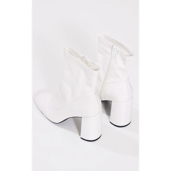 Blanc Bottines Chaussettes À Talon Bout Rond Effet Croco En SYNTHÉTIQUE
