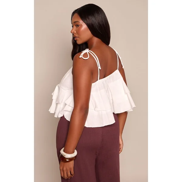 Blanc Caraco Grande Taille En Coton Lin Avec Détails À Volants