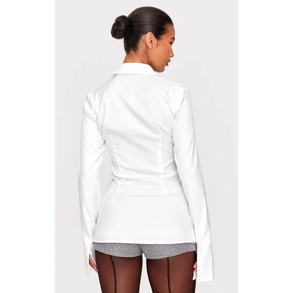 Blanc Chemise Cintrée Tissée À Fines Rayures