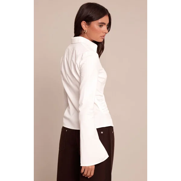 Blanc Chemise À Manches Évasées Avec Détail Froncé À La Taille