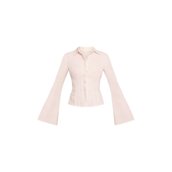 Blanc Chemise À Manches Évasées Avec Détail Froncé À La Taille