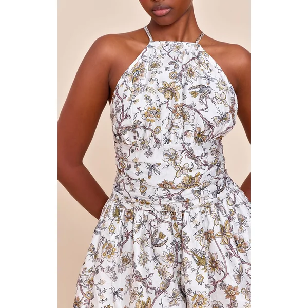 Blanc Combinaison Courte À Encolure Américaine Tissée À Motif Floral