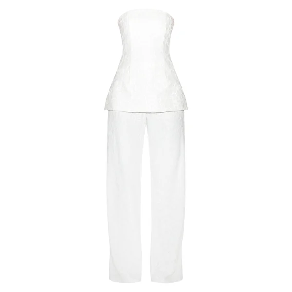 Blanc Combinaison Pantalon Droit À Superposition Bandeau En Dentelle