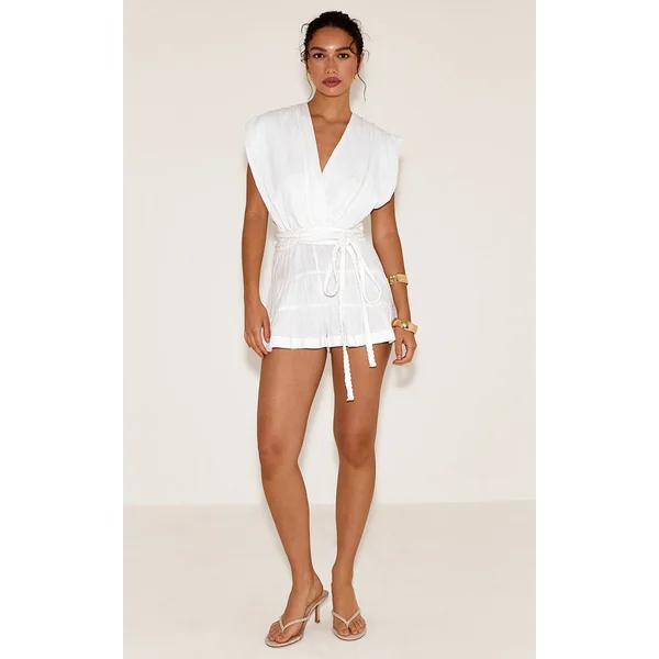 Blanc Combinaison-short Texturée Col V Avec Ceinture À Nouer