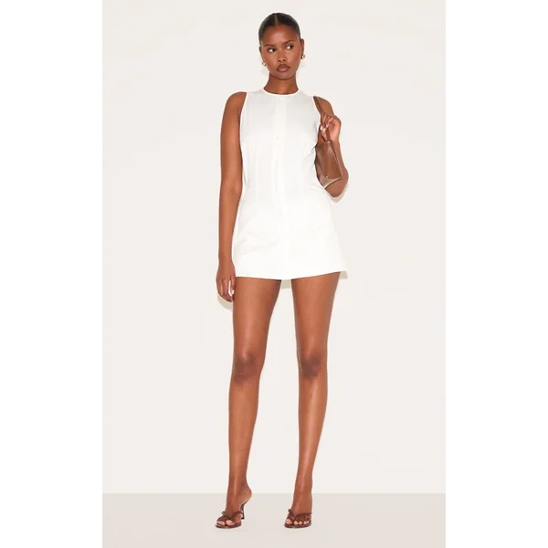 Blanc Combishort Jupe-short Évasée Tissée À Boutonnage Complet