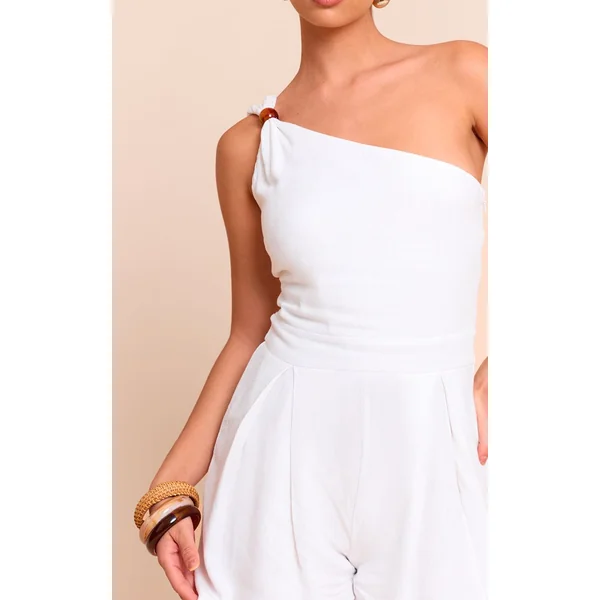 Blanc Combi-short À Une Épaule Aspect Lin Avec Détails De Perles