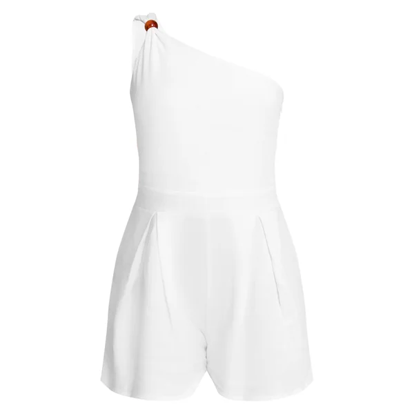 Blanc Combi-short À Une Épaule Aspect Lin Avec Détails De Perles