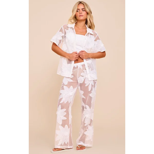 Blanc Ensemble Chemise À Fleurs Appliquées Petite