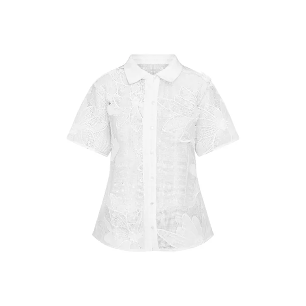 Blanc Ensemble Chemise À Fleurs Appliquées Petite