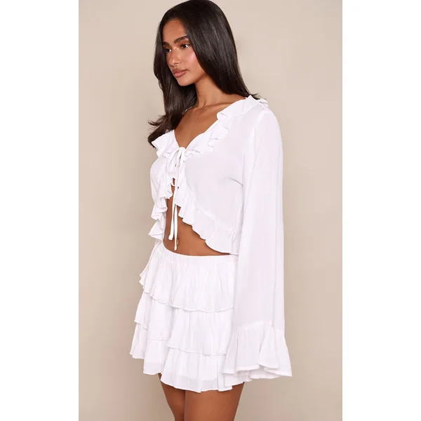 Blanc Ensemble Coordonné Mini-jupe-short À Volants En Cheesecloth Petite