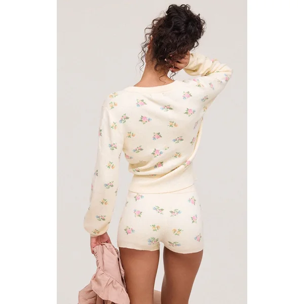 Blanc Gilet En Maille À Col Rond Motif Fleuri