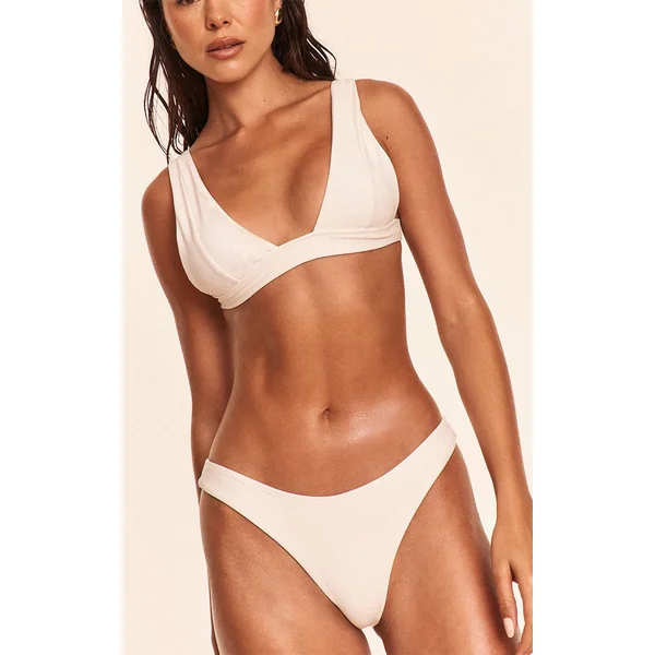 Blanc Haut De Bikini Triangle Plongeant Aqua Avec Détails De Coutures