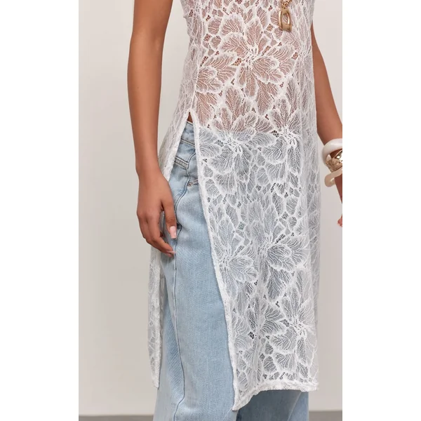 Blanc Haut Long En Dentelle Extrême