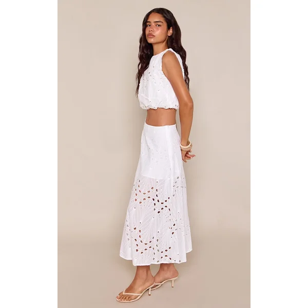 Blanc Jupe Mi-Longue Superposée En Broderie Anglaise