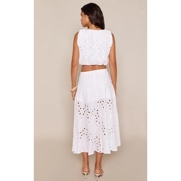 Blanc Jupe Mi-Longue Superposée En Broderie Anglaise