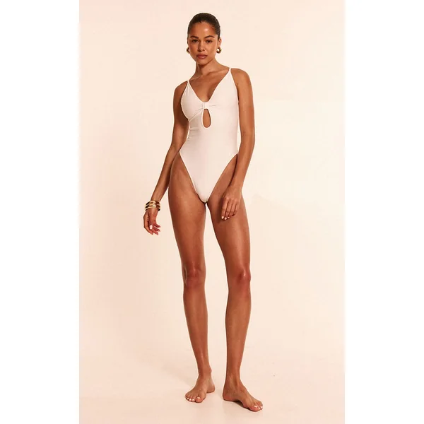 Blanc Maillot De Bain Échancré Avec Nœud Devant
