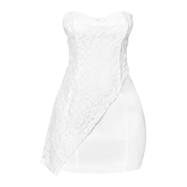 Blanc Mini Robe Bandeau Asymétrique Petite Avec Superposition De Dentelle