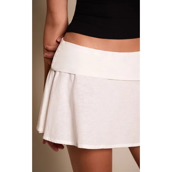 Blanc Mini-jupe Aspect Lin Avec Détail Pli Rabattu