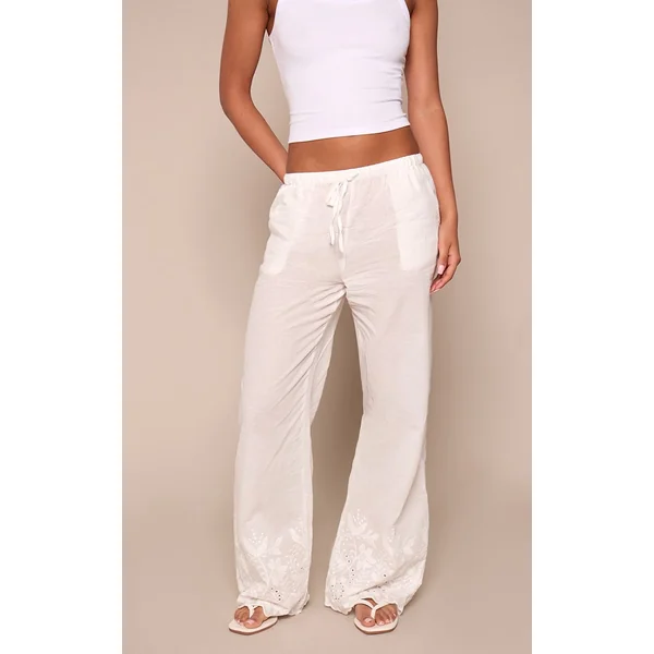 Blanc Pantalon Droit À Cordon Avec Détails Broderie