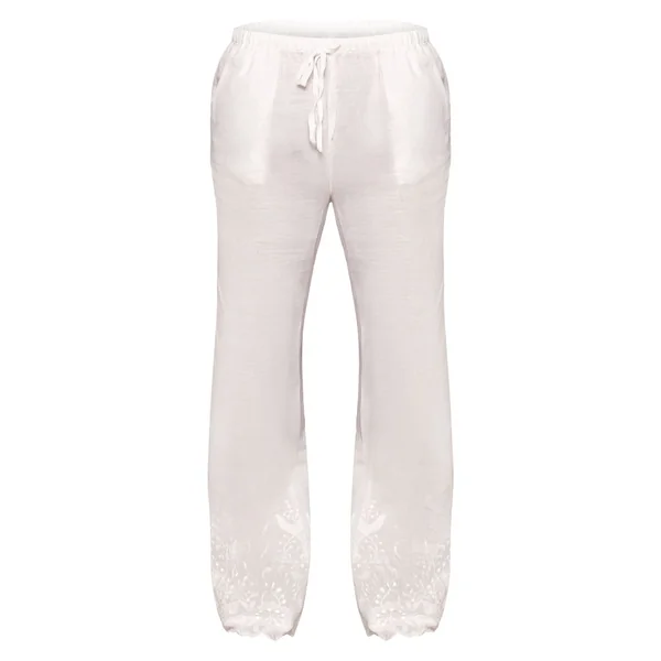 Blanc Pantalon Droit À Cordon Avec Détails Broderie