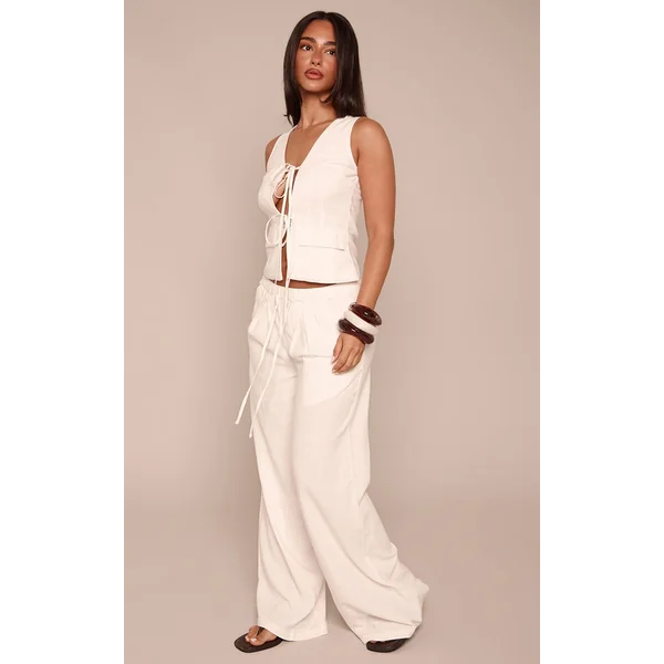 Blanc Pantalon Large À Pinces Effet Lin Petite Taille Co-ord