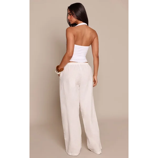 Blanc Pantalon Petite En Lin Avec Taille À Cordon Coulissant