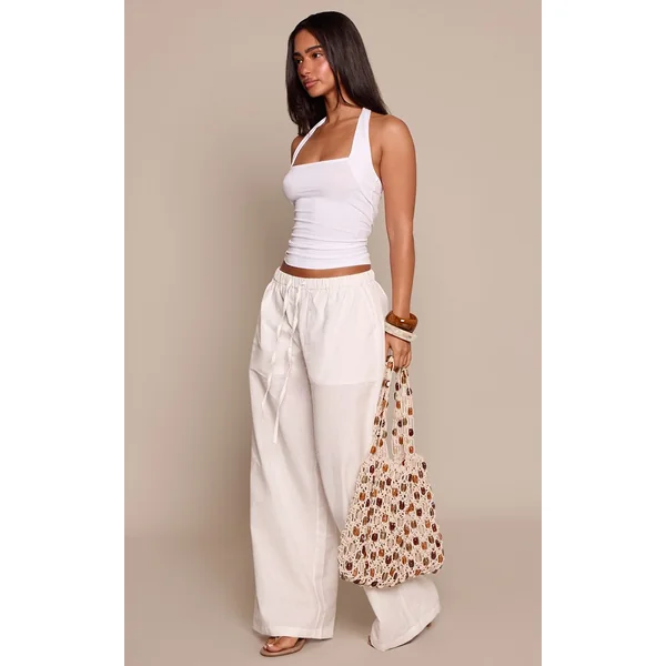 Blanc Pantalon Petite En Lin Avec Taille À Cordon Coulissant