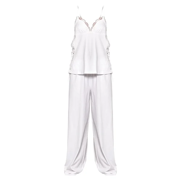 Blanc Pyjama Caraco Et Pantalon À Encolure En Dentelle Et Liens Latéraux