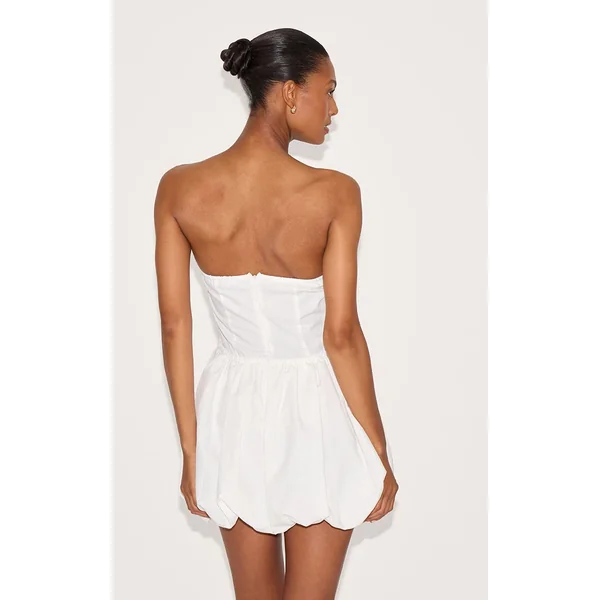 Blanc Robe Bouffante En Lin À Bustier Avec Ceinture Nouée À La Taille