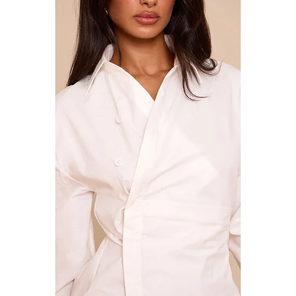 Blanc Robe Chemise Petite Asymétrique À Manches Longues Boutonnée